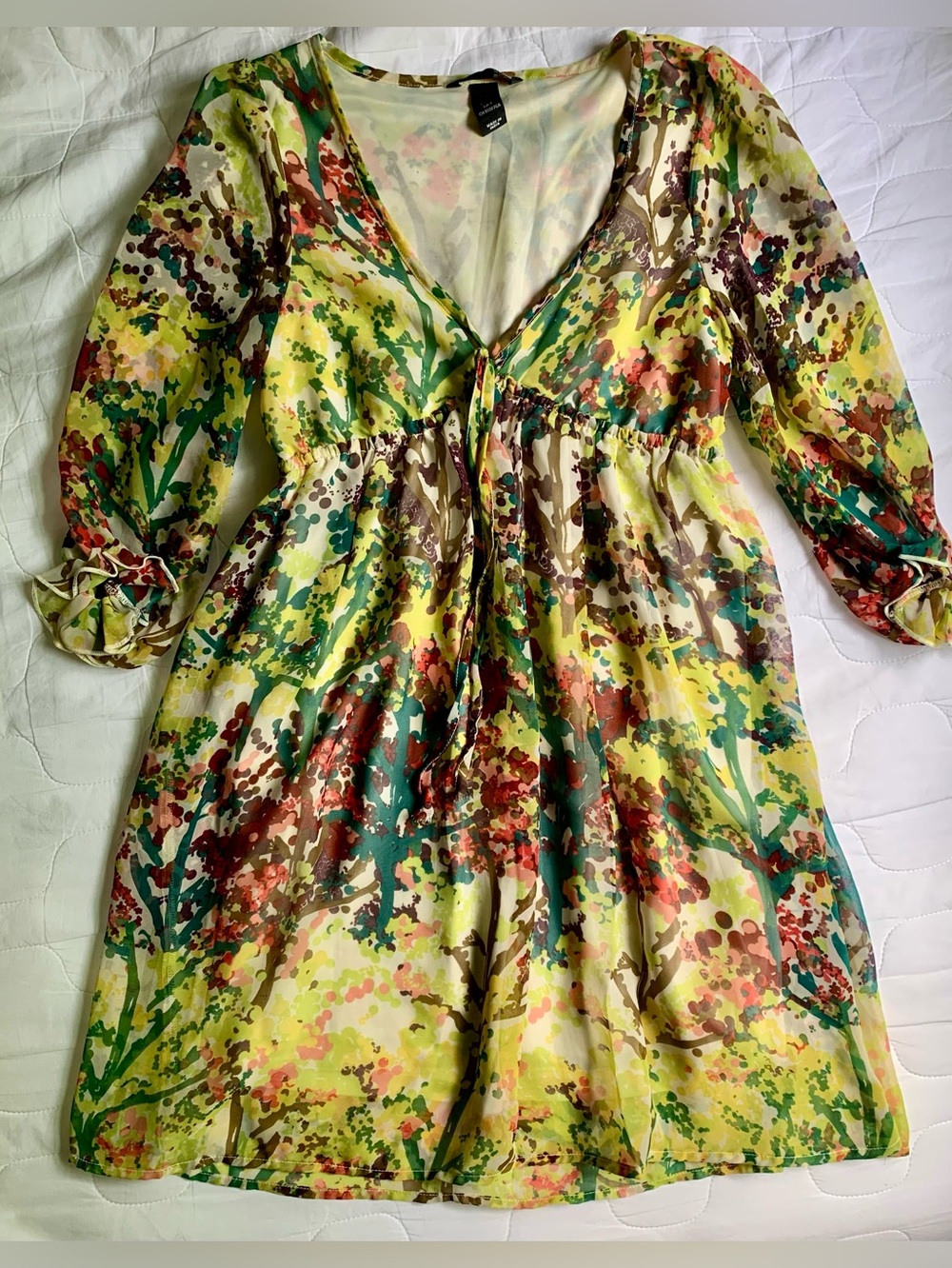 Floral V-Neck Yellow Green Mini Dress with Tie Waist